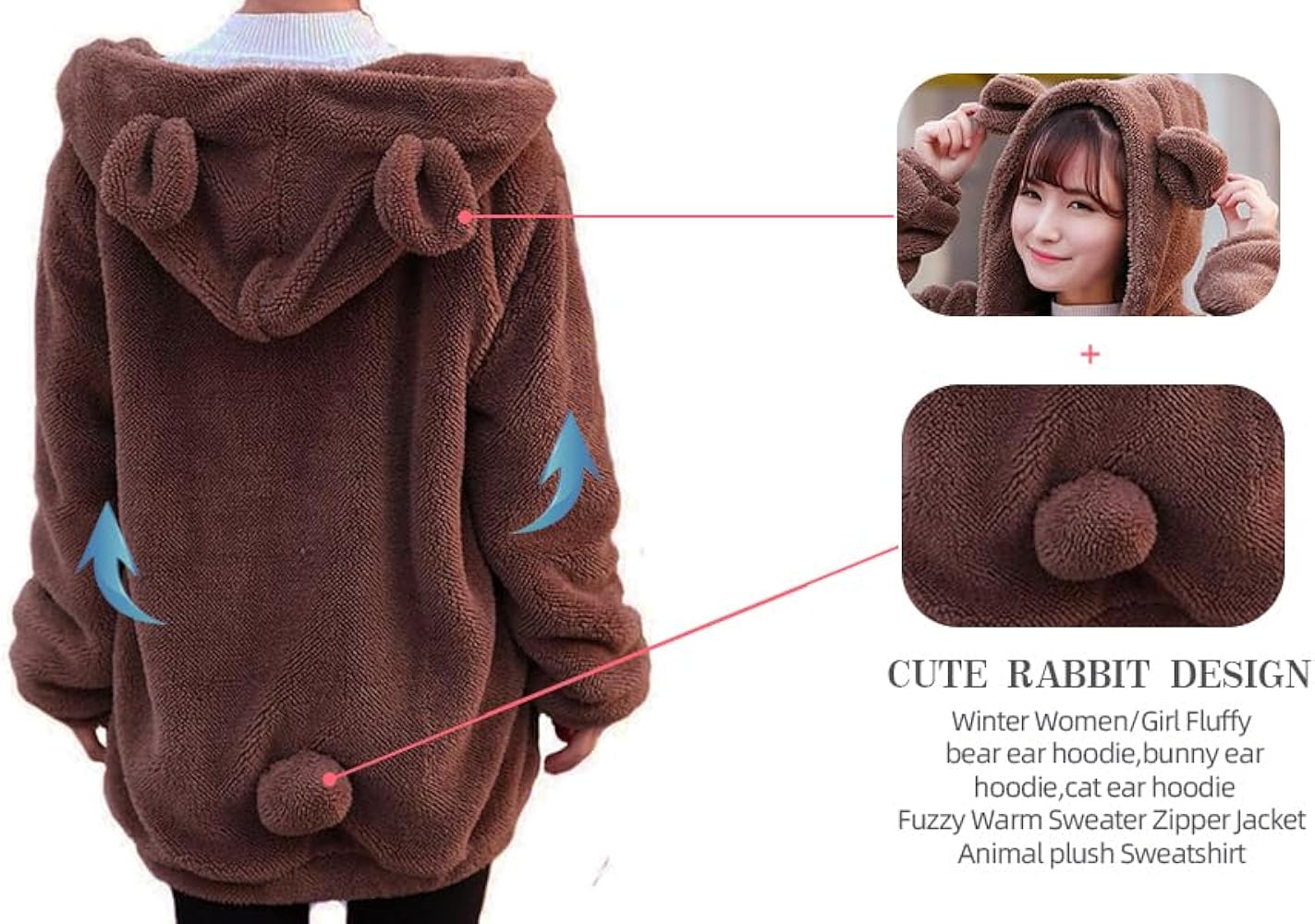 Women's Warm and Cozy Fluffy Bear Tail Hoodie